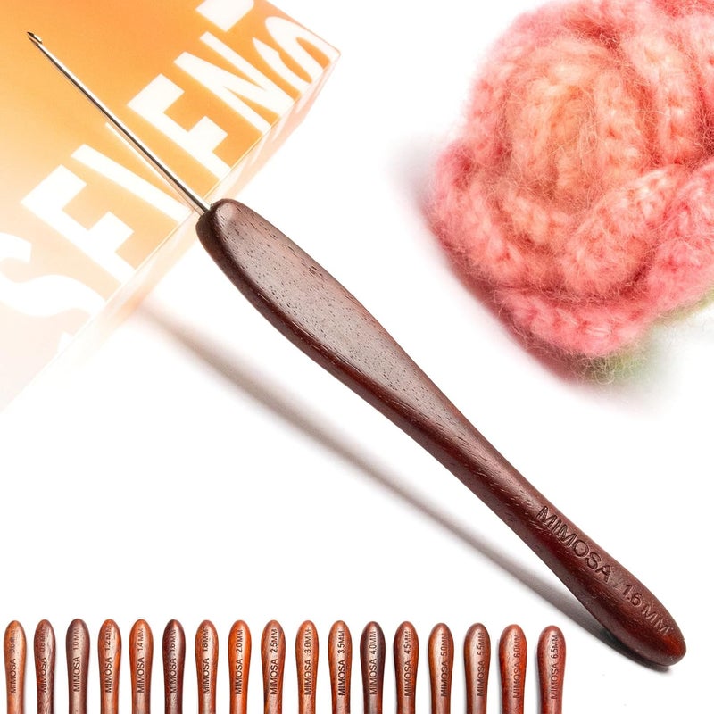 sevensun Mimosa 1.6mm Single Crochet Hook, Available in 0.6mm-6.5mm, Ergonomic Hand Polished Stainless Steel Inline Pointy Wood Handle Crochet Hook for Arthritic Hands - Image 1